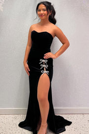 Black Strapless Sweetheart Velvet Mermaid Side Slit Long Prom Dress with Bow