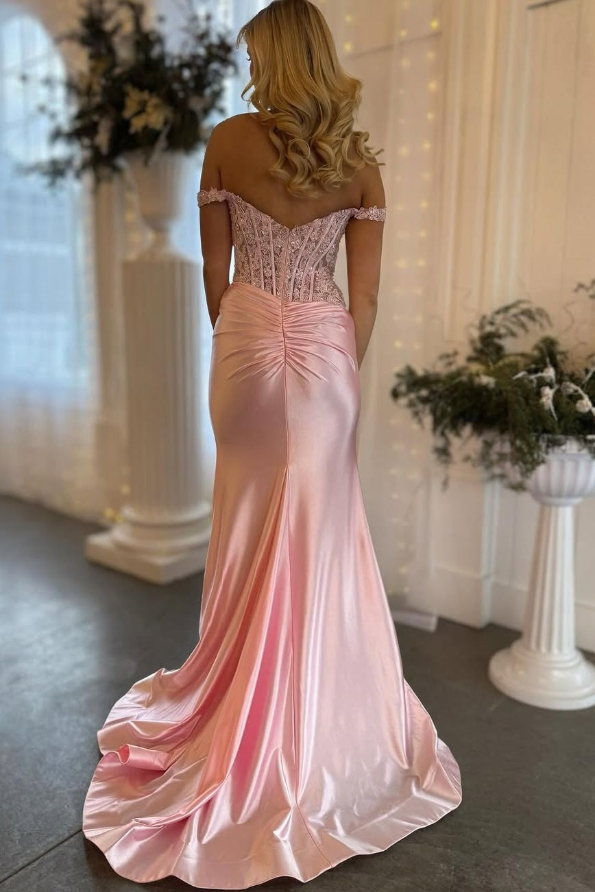 Off-Shoulder Sweetheart Appliques Pleated Side Slit Mermaid Prom Dress