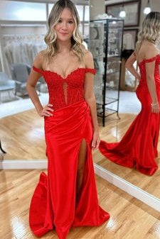 Off-Shoulder Sweetheart Appliques Pleated Side Slit Mermaid Prom Dress