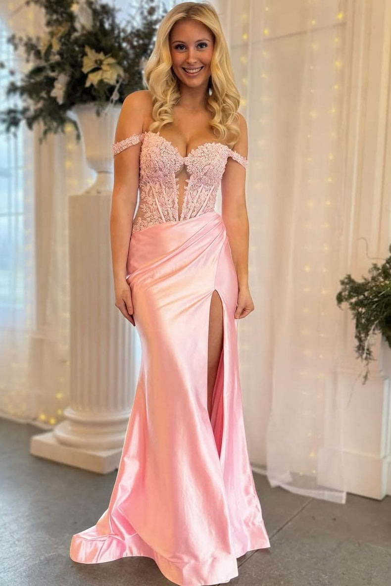 Off-Shoulder Sweetheart Appliques Pleated Side Slit Mermaid Prom Dress