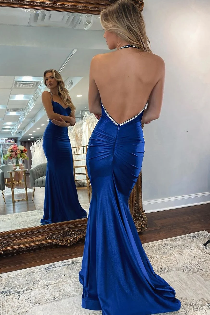 Halter V-Neck Pleated Satin Backless Mermaid Formal Prom Dress