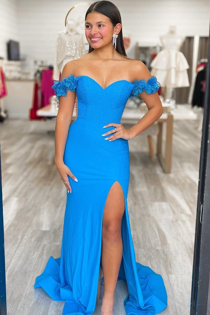 Off-Shoulder Sweetheart Rhinestone Mermaid Prom Dress with Slit