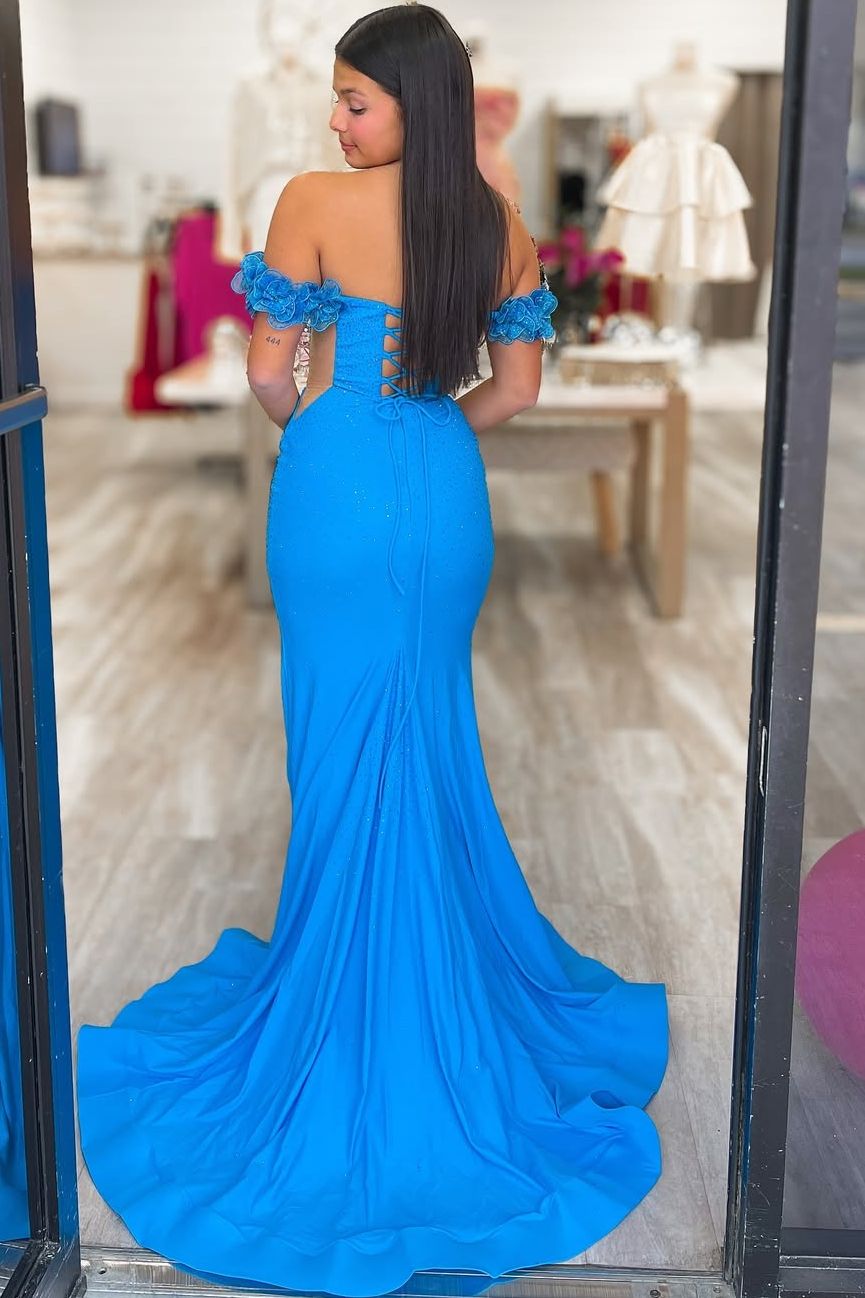 Off-Shoulder Sweetheart Rhinestone Mermaid Prom Dress with Slit