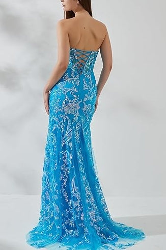 Strapless Sweetheart Lace Appliques Mermaid Prom Dress with Slit