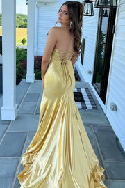 Mermaid Strapless V-Neck Metallic Sleeveless Prom Dress with Slit