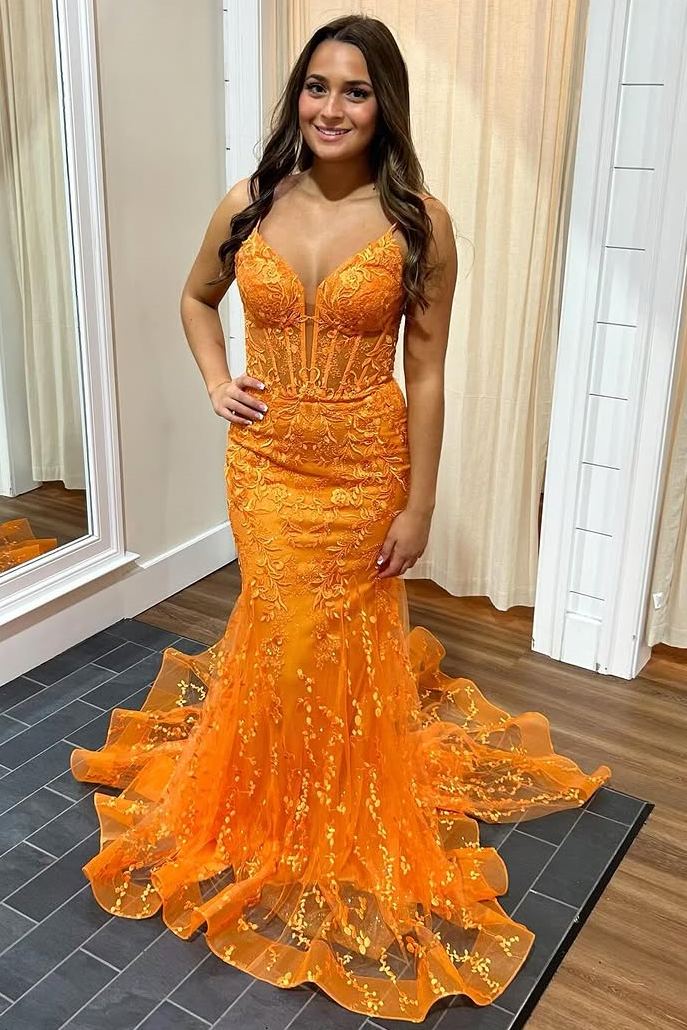 Spaghetti Straps V-Neck Lace Appliques Mermaid Long Prom Dress