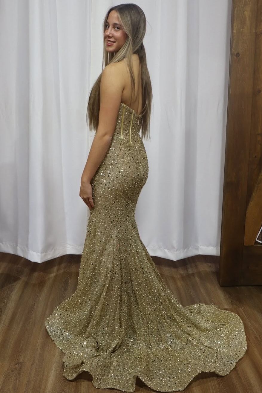 Sparkly Strapless Sequined Mermaid Sleeveless Long Prom Dress