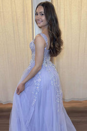 Lilac A-Line Straps Sweetheart Appliques Tulle Long Prom Dress