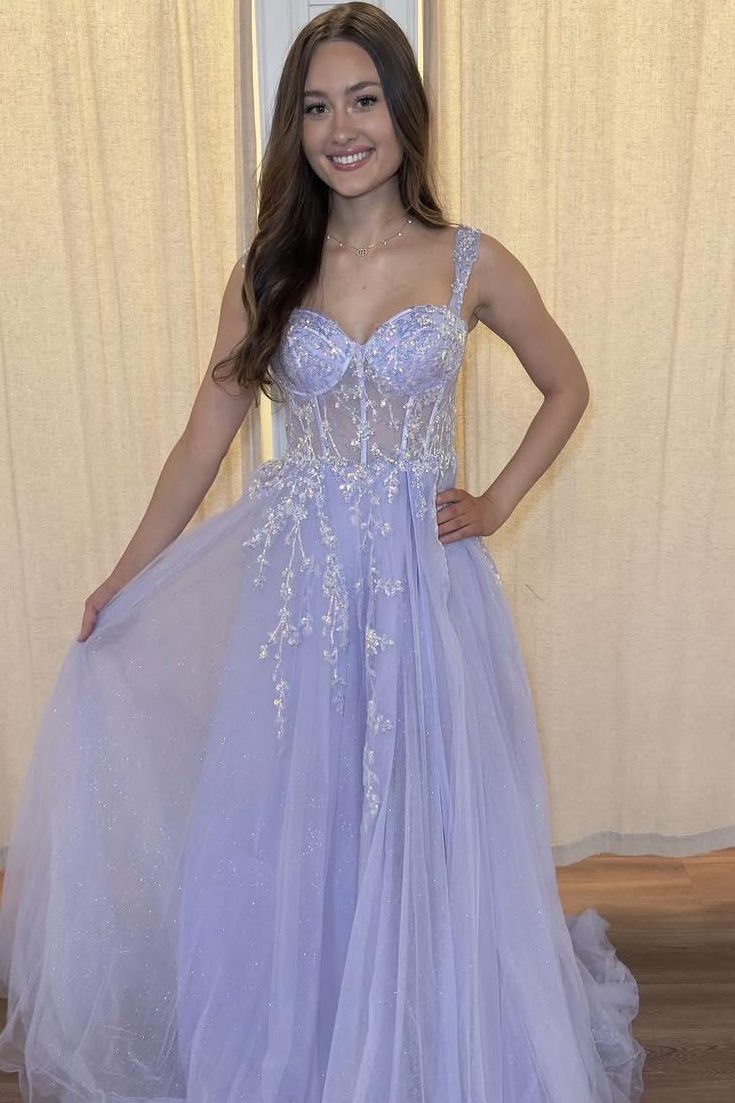 Lilac A-Line Straps Sweetheart Appliques Tulle Long Prom Dress