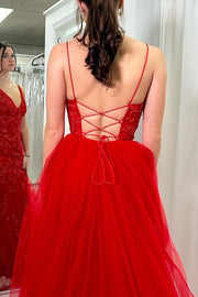 Red A-Line V-Neck Appliques Empire-Waist Sleeveless Long Prom Dress