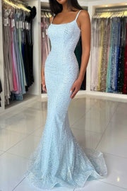 Spaghetti Straps Mermaid Sequins Scoop Long Formal Prom Dress