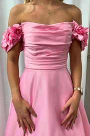 Pink A-Line Off-Shoulder Empire-Waist Pleated Satin Formal Prom Dress