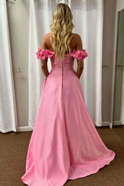 Pink A-Line Off-Shoulder Empire-Waist Pleated Satin Formal Prom Dress