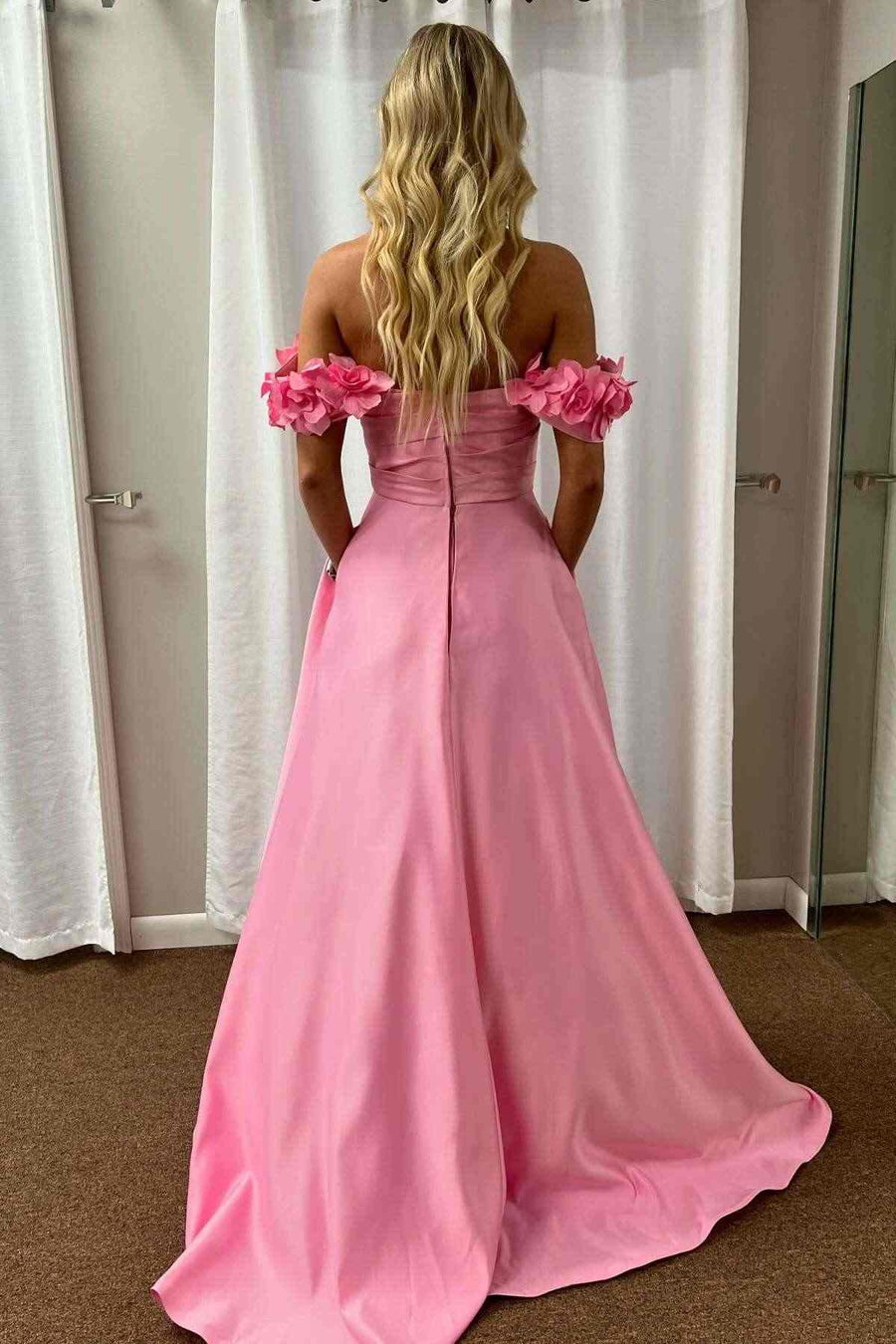 Pink A-Line Off-Shoulder Empire-Waist Pleated Satin Formal Prom Dress