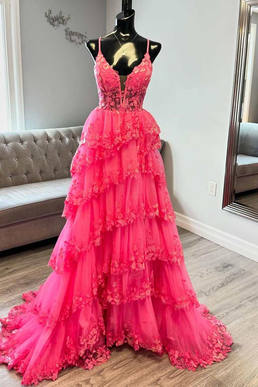 Hot Pink Spaghetti Straps V-Neck Tiered A-Line Long Prom Dress with Appliques