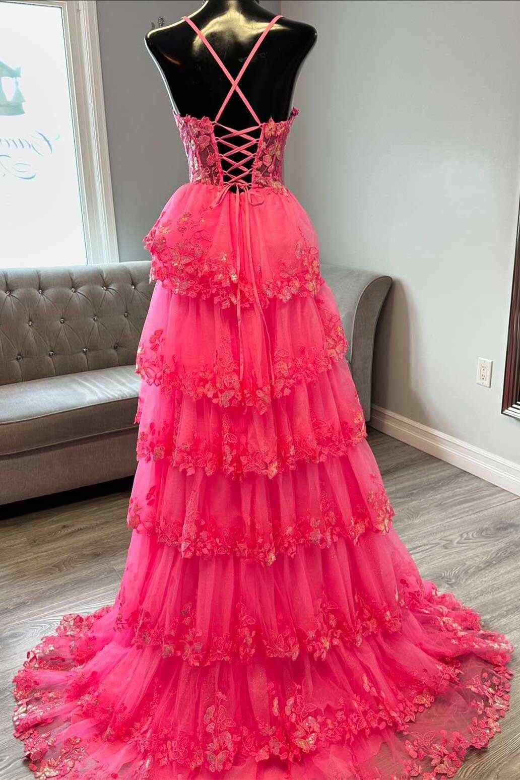 Hot Pink Spaghetti Straps V-Neck Tiered A-Line Long Prom Dress with Appliques