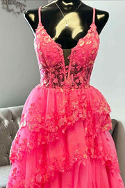 Hot Pink Spaghetti Straps V-Neck Tiered A-Line Long Prom Dress with Appliques