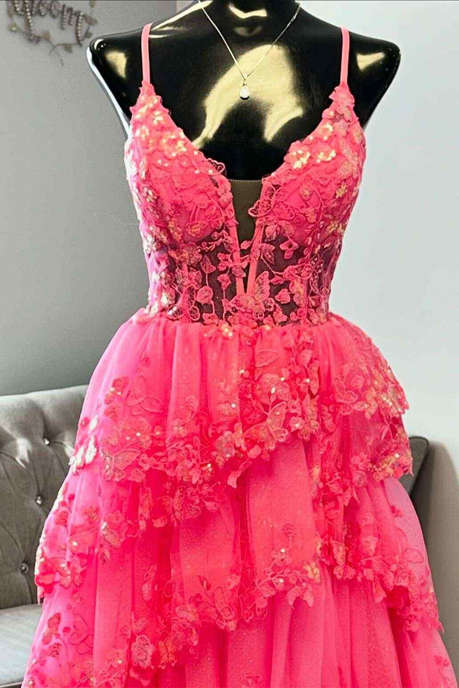 Hot Pink Spaghetti Straps V-Neck Tiered A-Line Long Prom Dress with Appliques