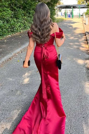 Burgundy Off-Shoulder Mermaid Satin Pleated Formal Prom Dress with Slit