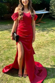 Burgundy Off-Shoulder Mermaid Satin Pleated Formal Prom Dress with Slit