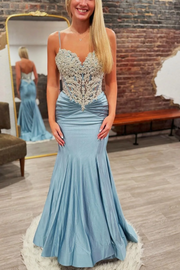 Mermaid Spaghetti Straps V-Neck Appliques Pleated Long Prom Dress