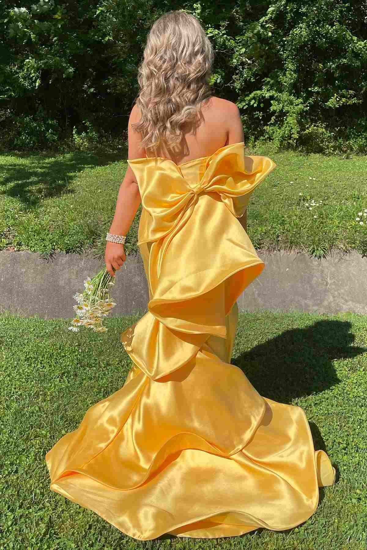 Yellow Strapless Scoop Mermaid Satin Long Formal Prom Dress with Big Bow