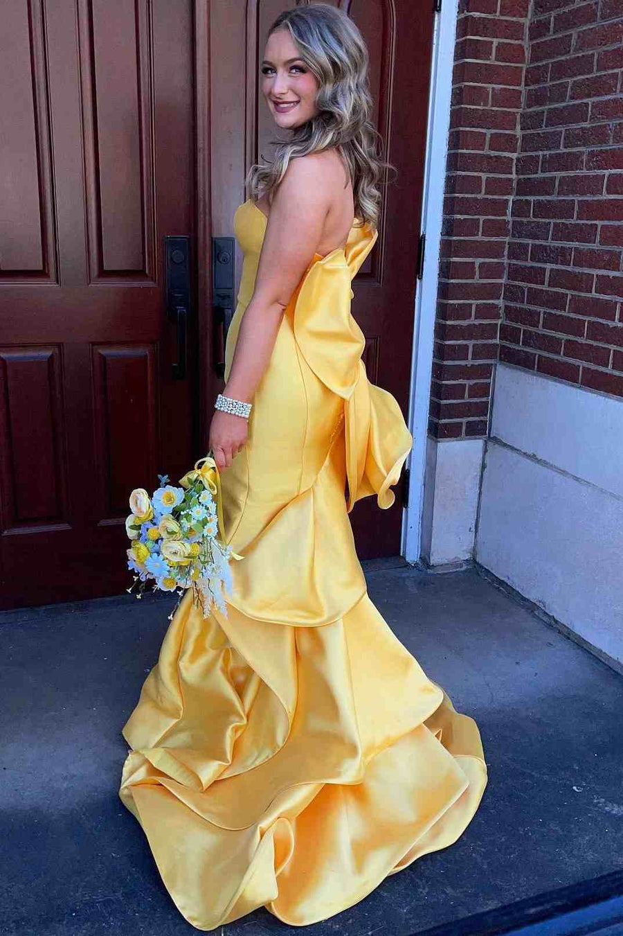 Yellow Strapless Scoop Mermaid Satin Long Formal Prom Dress with Big B Modsele Yellow Strapless Scoop Mermaid Satin Long Formal Prom Dress with Big B Modsele