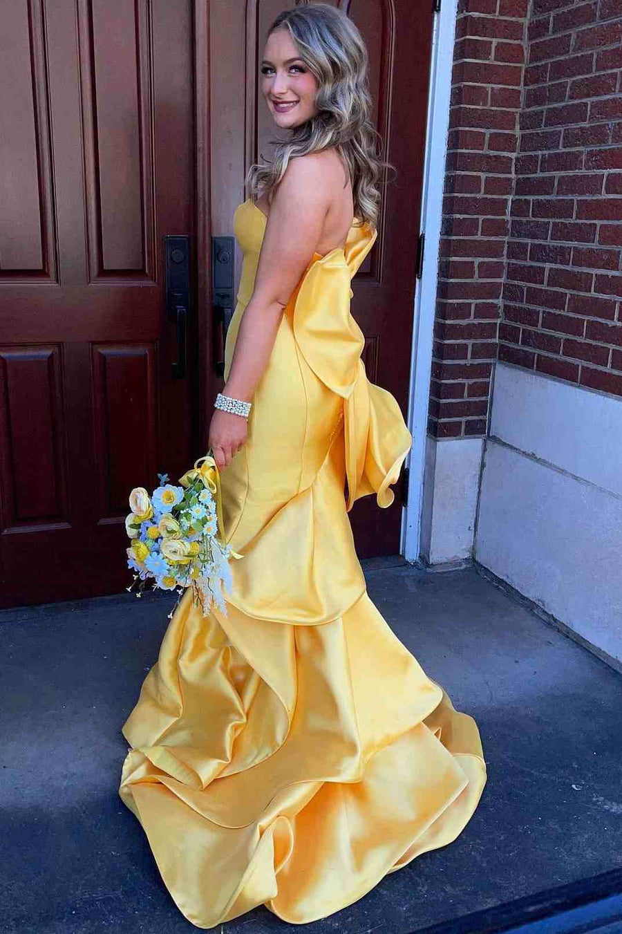 Yellow Strapless Scoop Mermaid Satin Long Formal Prom Dress with Big Bow