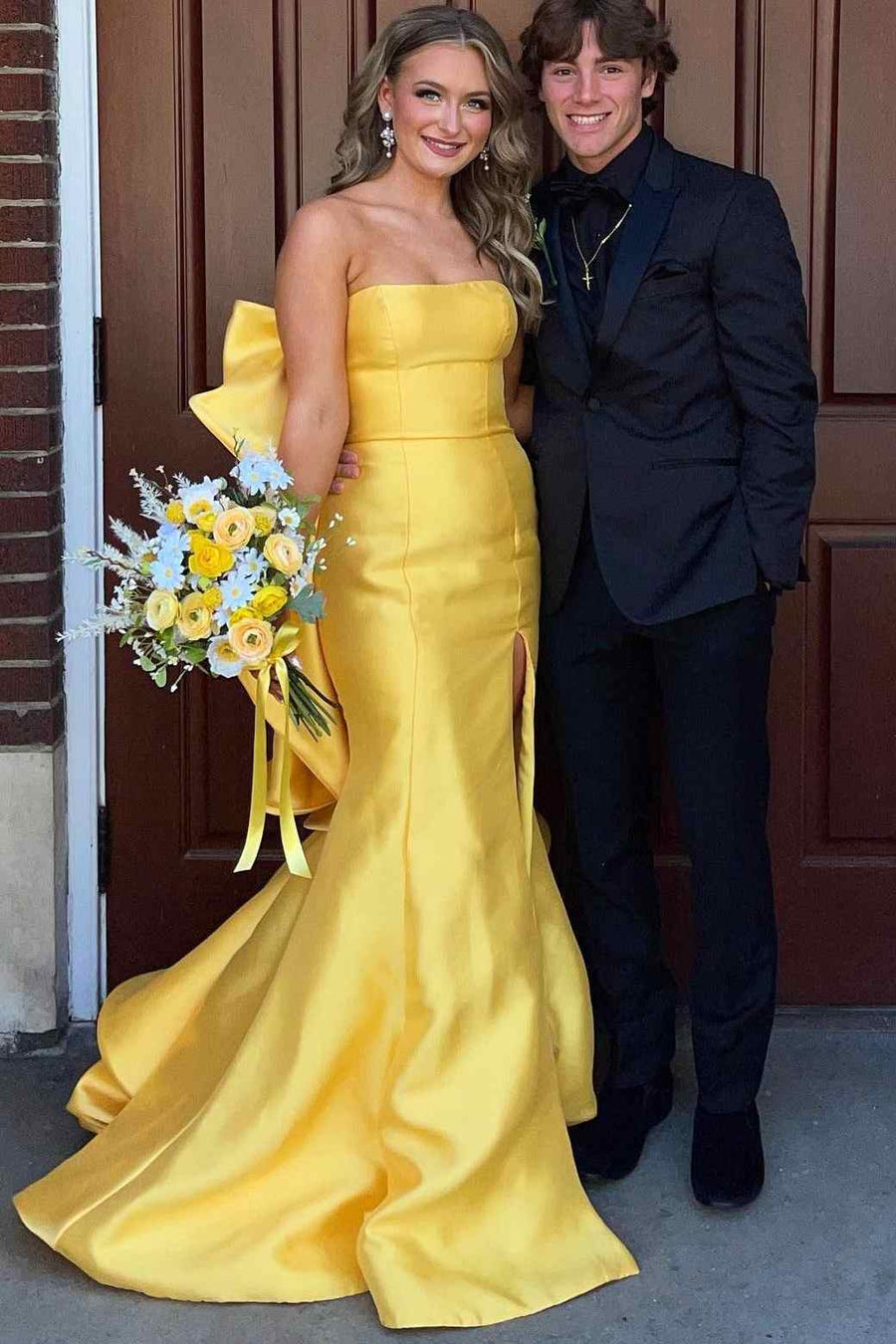 Yellow Strapless Scoop Mermaid Satin Long Formal Prom Dress with Big Bow