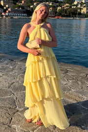 Pink A-Line Chiffon Tiered Sleeveless Long Formal Prom Dress