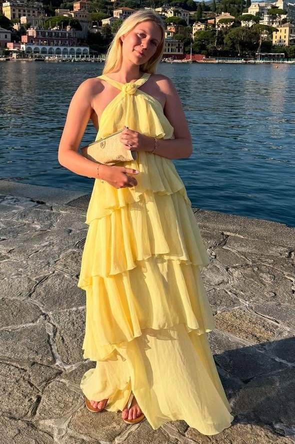 Pink A-Line Chiffon Tiered Sleeveless Long Formal Prom Dress