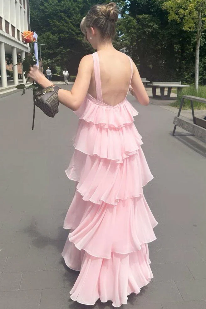 Pink A-Line Chiffon Tiered Sleeveless Long Formal Prom Dress