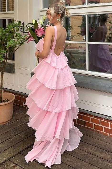 Pink A-Line Chiffon Tiered Sleeveless Long Formal Prom Dress