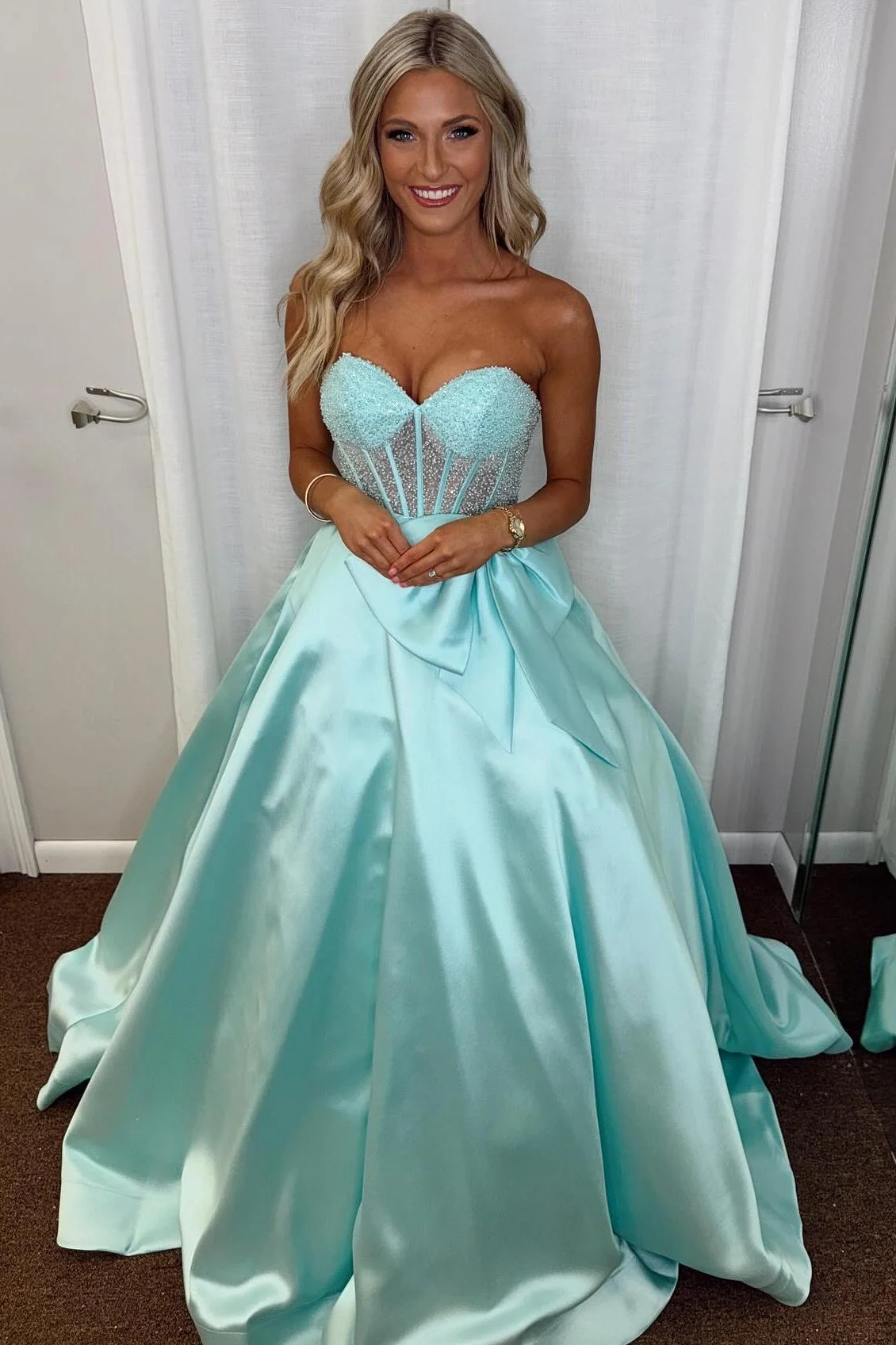 A-Line Strapless Beads Sweetheart Empire-Waist Prom Dress with Bow