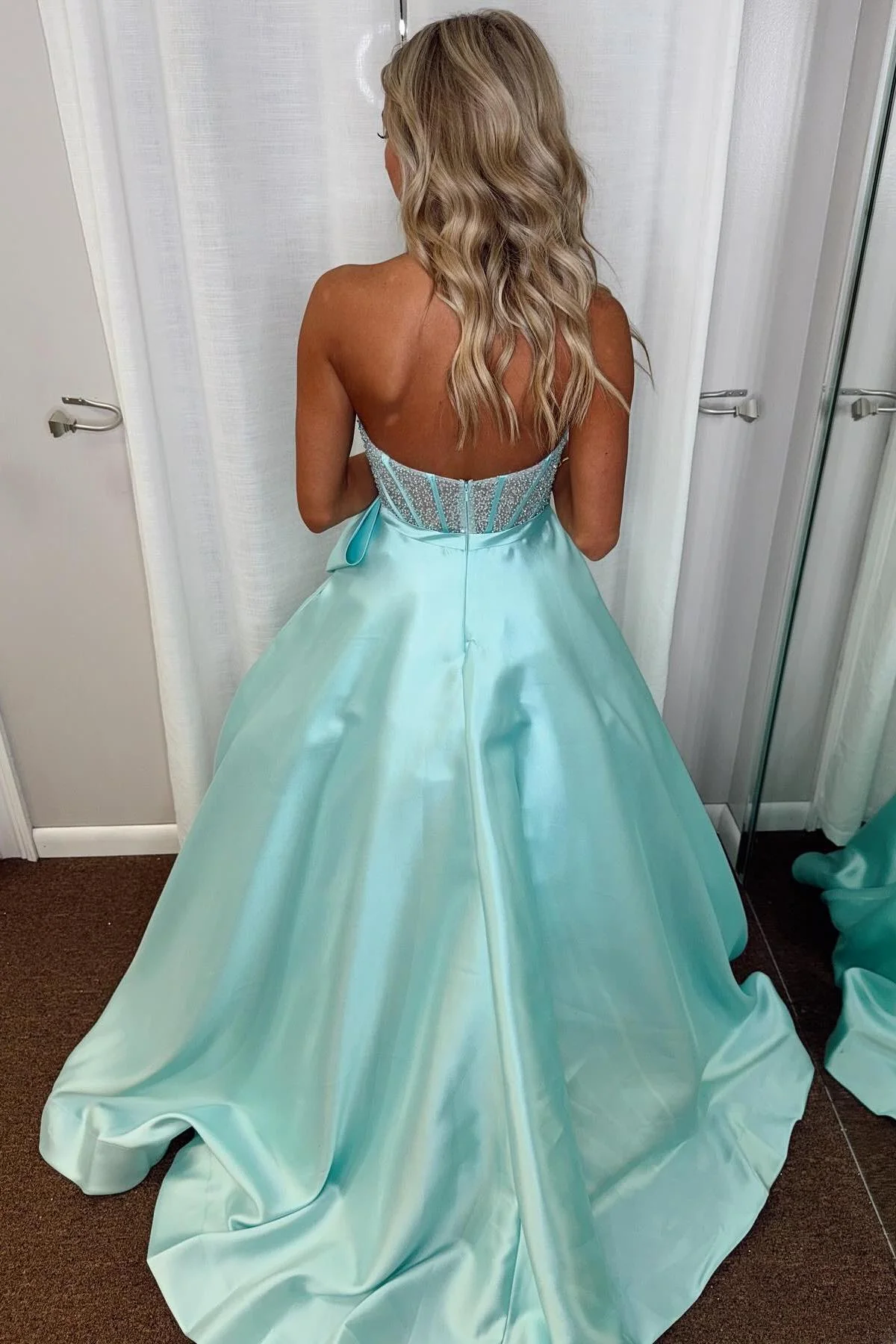 A-Line Strapless Beads Sweetheart Empire-Waist Prom Dress with Bow