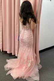 Pink Spaghetti Straps Lace Appliques Mermaid Long Prom Dress