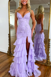 Elegant V-Neck Appliques Mermaid Ruffles Prom Dress with Slit