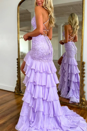 Elegant V-Neck Appliques Mermaid Ruffles Prom Dress with Slit