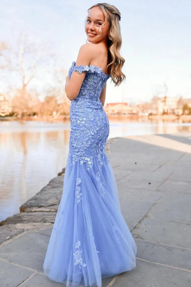 Off-Shoulder Lace Appliques Mermaid Tulle Long Prom Dress