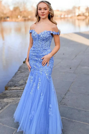 Off-Shoulder Lace Appliques Mermaid Tulle Long Prom Dress