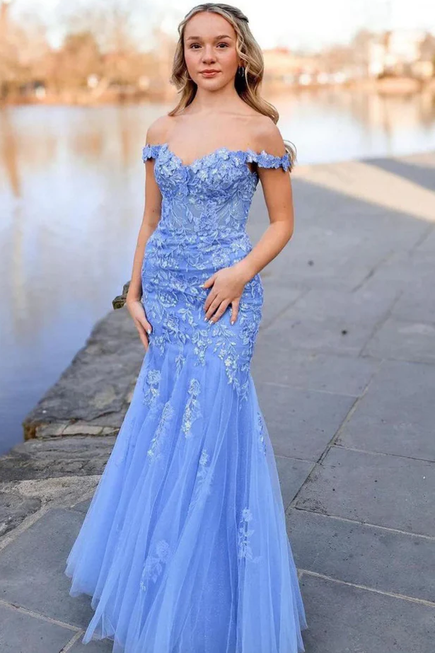 Off-Shoulder Lace Appliques Mermaid Tulle Long Prom Dress Modsele Off-Shoulder Lace Appliques Mermaid Tulle Long Prom Dress Modsele