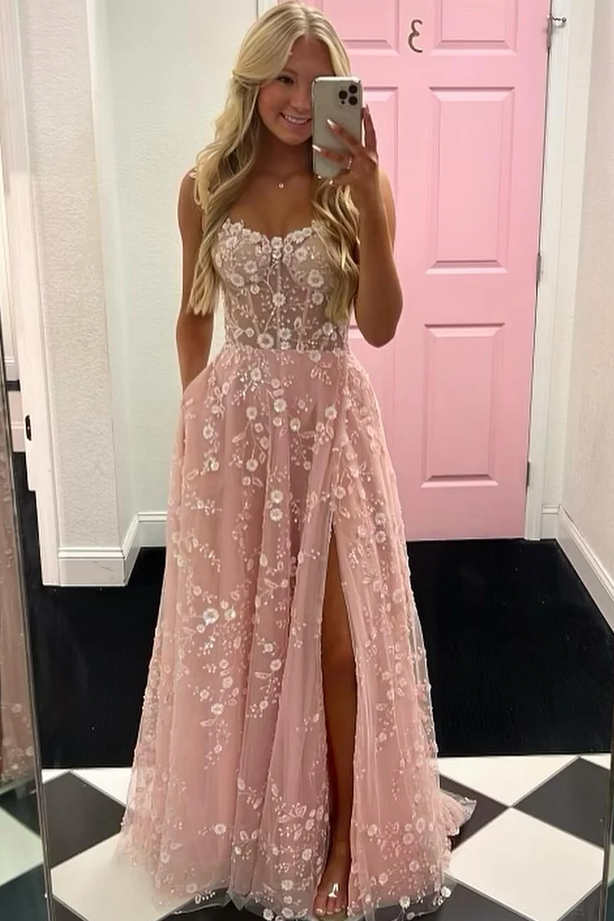 A-Line Straps Floral Appliques Sleeveless Prom Dress with Slit