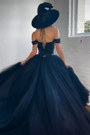 Black Off-Shoulder Sweetheart Mirror-Cut Sequins A-Line Tulle Prom Dress