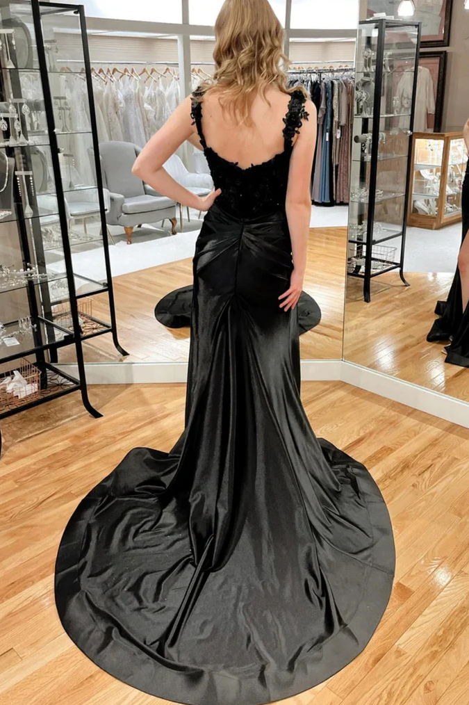 Black Mermaid Appliques Pleated Side Slit Long Prom Dress