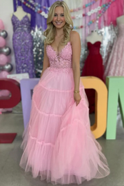 A-Line Spaghetti Straps V-Neck Appliques Tulle Pink Prom Dress