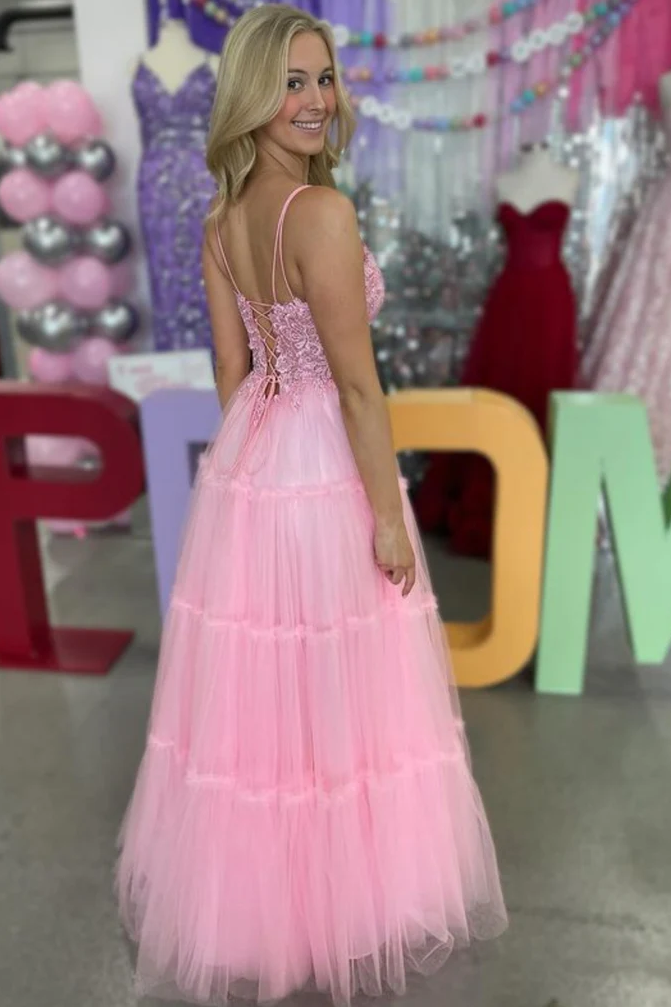 A-Line Spaghetti Straps V-Neck Appliques Tulle Pink Prom Dress