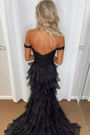 Black Off-Shoulder Ruffles Chiffon Mermaid Long Prom Dress