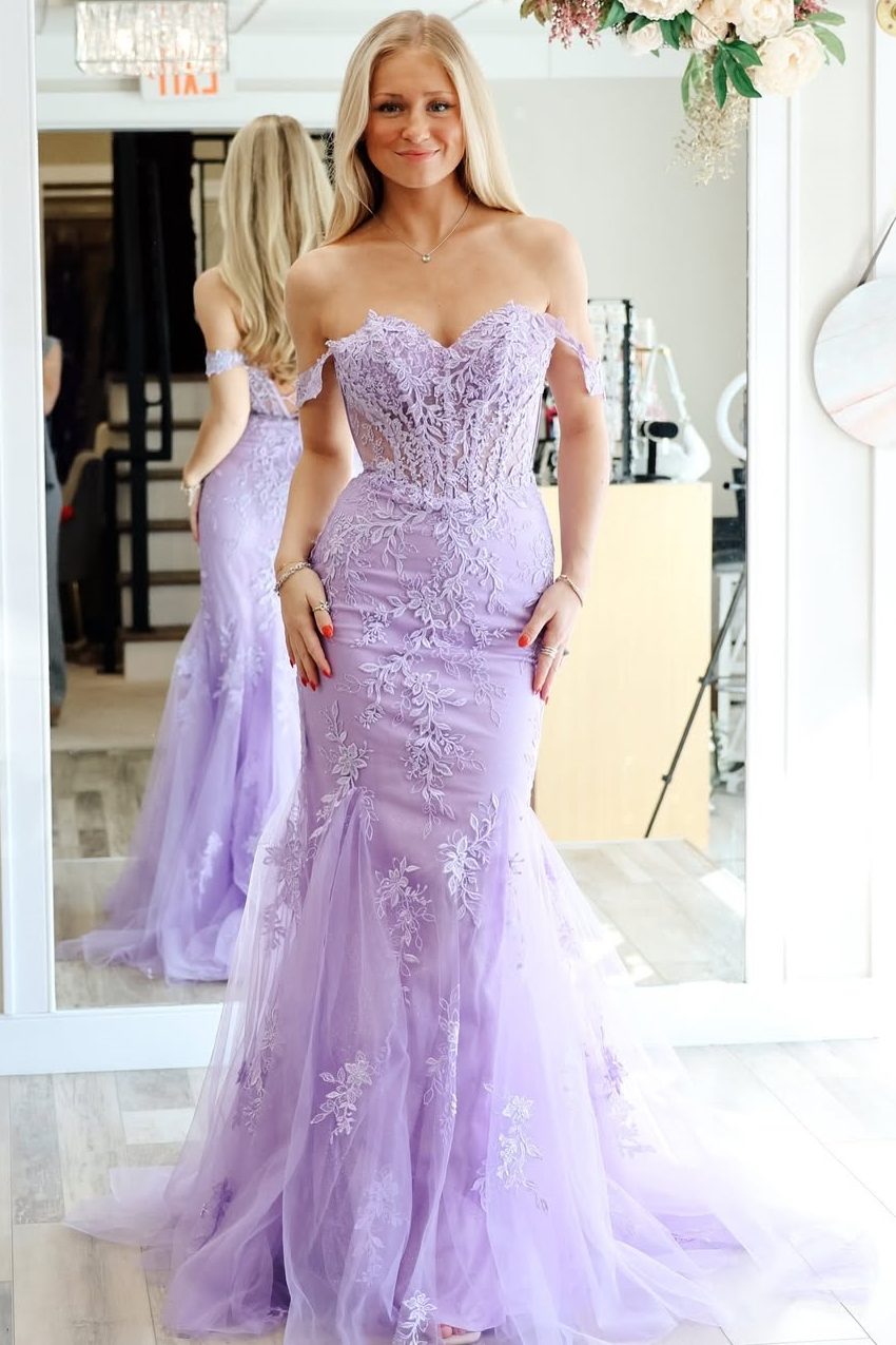 Lilac Off-Shoulder Sweetheart Lace Appliques Mermaid Long Prom Dress