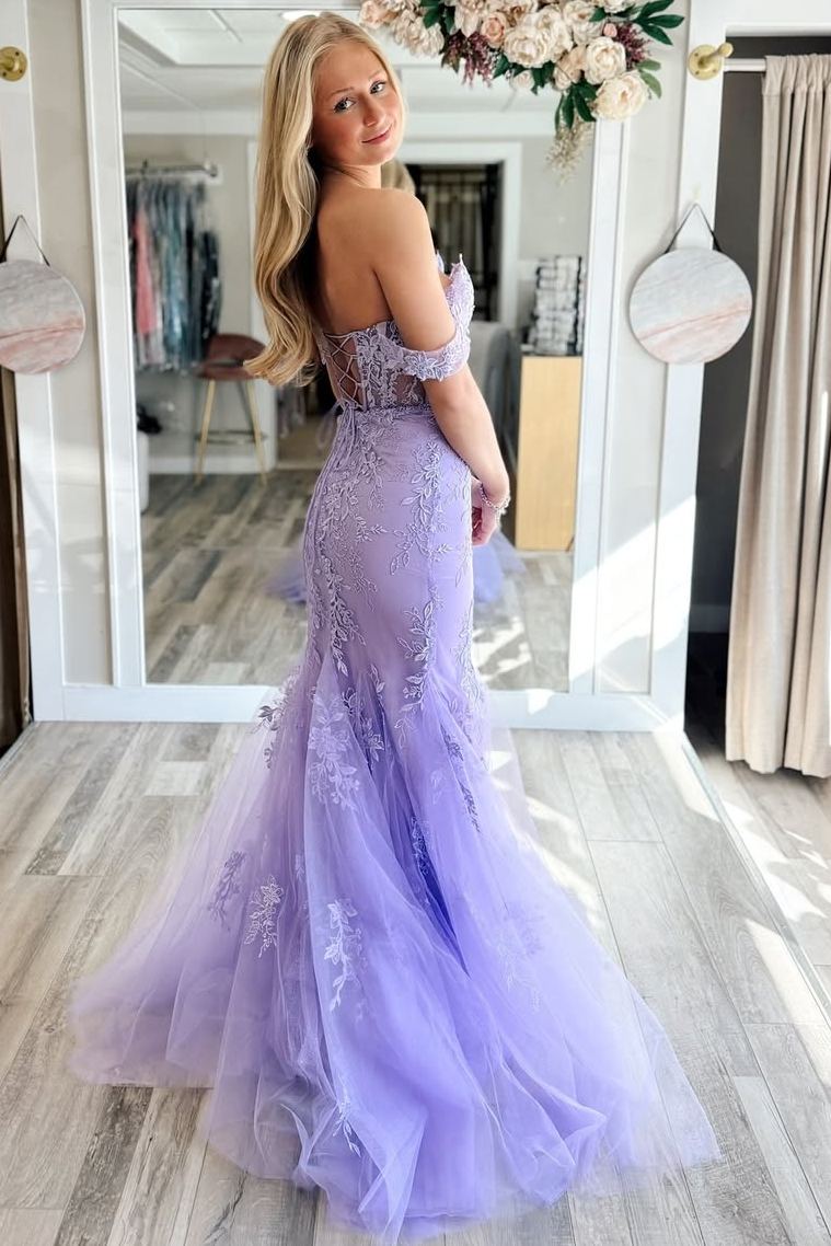 Lilac Off-Shoulder Sweetheart Lace Appliques Mermaid Long Prom Dress