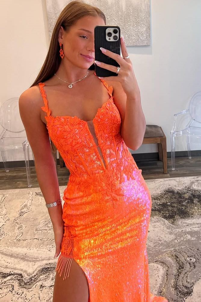 Orange Straps Mermaid Appliques Side Slit Glitter Long Prom Dress